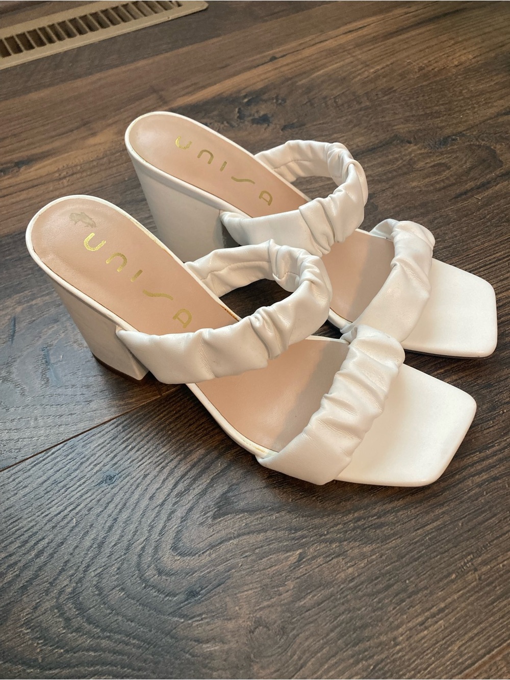 White Ruched Strap Block Heel Sandals